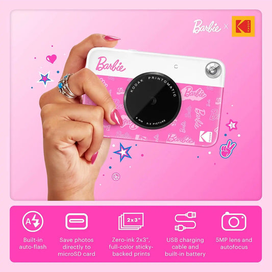 Barbie x Kodak Printomatic Full-Color Instant Print Digital Camera – 5MP Portable Barbie Camera Prints Colorful 2x3” Sticky-Back Photos – Signature Style