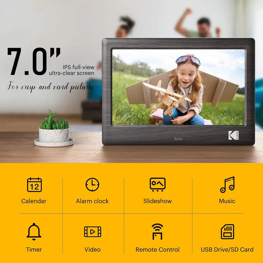 KODAK 7 Inch Digital Picture Frame with Remote Control, 1024x600 HD Display Digital Photo Frame, USB or SD Card Required, Auto-Rotate, Supports Photo/Video/Music/Calendar/Slideshow