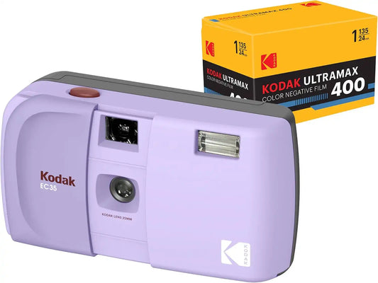 KODAK EC35 35mm Film Camera 35mm, Reusable, Focus-Free, Built-in Flash, Slide Cover, Beginner Friendly (Lavender) Bundle with Kodak Ultramax 400/24EXP 35mm Roll Film