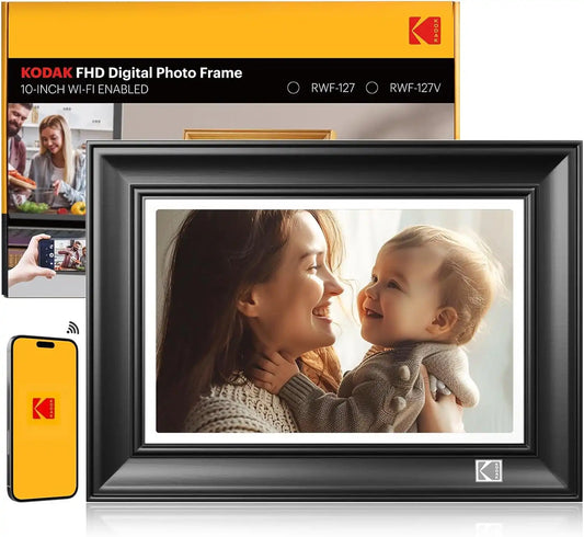KODAK 10.1 Inch WiFi Digital Picture Frame, 32G 1920x1200 FHD Touch Screen Smart Photo Frame with Premium Wood, WiFi 6, AI Photo Art, Easy Photo Transfer via APP/Email/USB/SD Card
