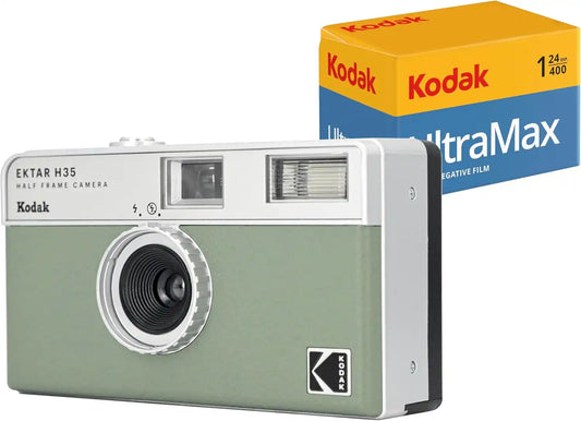 Kodak EKTAR H35 Half Frame 35mm Camera, Reusable, Focus-Free, Lightweight, Easy to Use (AAA Battery Not Included) (Sage, Bundle with 24-Exposure Film)