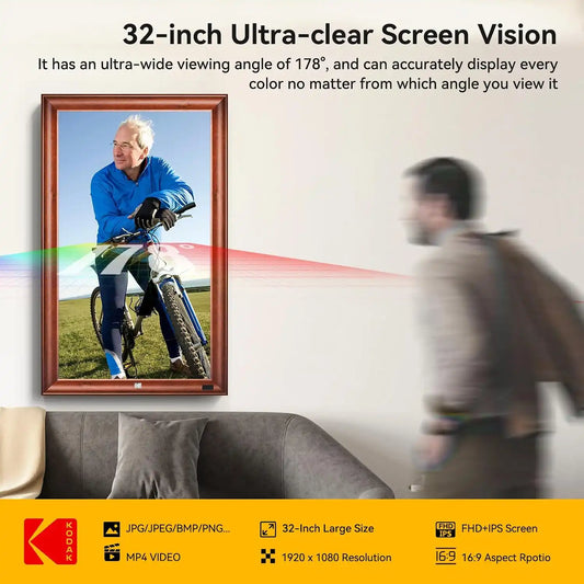 KODAK 32 Inch WiFi Digital Picture Frame, 32GB Memory, 1920x1080 FHD Screen, Solid Wood, Motion Sensor, IR Remote, Multiple Transfer Ways, Smart Electronic Photo Frame for Home Decor