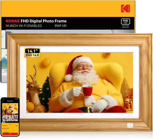 KODAK 14.1 Inch FHD Digital Picture Frame, 1920x1080 G+G IPS Digital Photo Frame with 32GB Large Storage, Quad-Core CPU, Premium Solid Wood Frame, Easy Photo Transfer via WiFi APP/Email/USB/SD Card
