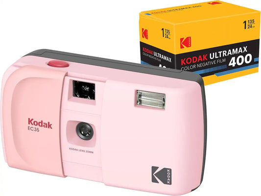KODAK EC35 35mm Film Camera 35mm, Reusable, Focus-Free, Built-in Flash, Slide Cover, Beginner Friendly (Blush Pink) Bundle with Kodak Ultramax 400/24EXP 35mm Roll Film