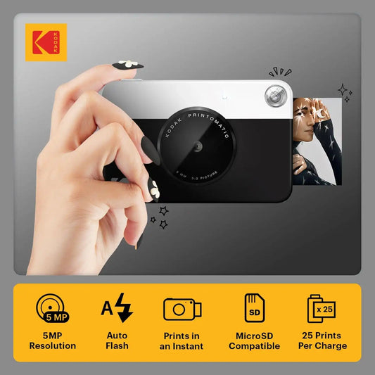KODAK Printomatic Full-Color Instant Print Digital Camera, Zink 2x3" (5.1x7.5 cm) Sticky-Back Photo Paper, 5MP, Portable, Creative Fun Gift for Birthday, Christmas, Holiday, Black