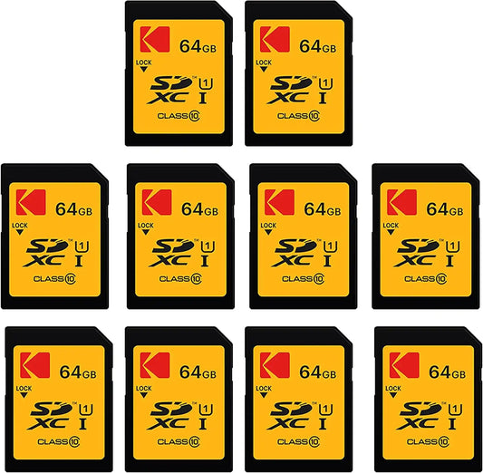 KODAK 64GB 10-Pack SDXC Card, UHS-I U1 V10 Premium, up to 85MB/s Read Speed, for Full HD Video and High-Resolution Pictures, Compatible with SDXC Standard (10-Pack)