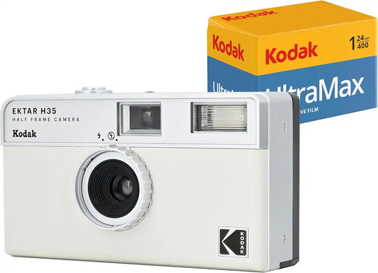 Kodak EKTAR H35 Half Frame 35mm Camera, Reusable, Focus-Free, Lightweight, Easy to Use (AAA Battery Not Included) (White, Bundle with 24-Exposure Film)
