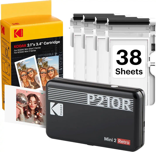 KODAK Mini 2 Retro 2x3 Portable Photo Printer, 4PASS, 38 Sheets, Black