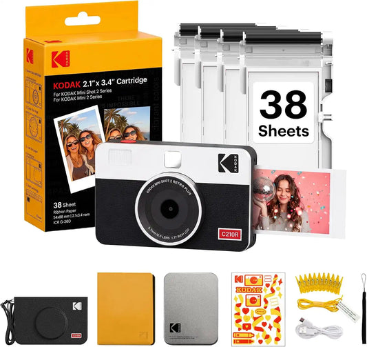 KODAK Mini Shot 2 Retro 2x3 Instant Camera, 38 Sheets Gift Bundle, White