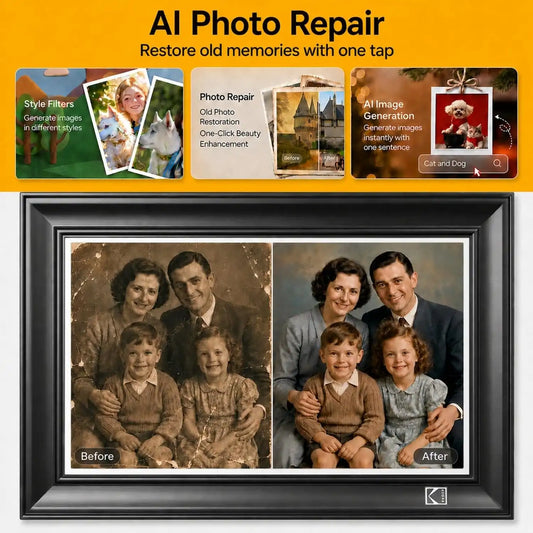 KODAK 10.1 Inch WiFi Digital Picture Frame, 32G 1920x1200 FHD Touch Screen Smart Photo Frame with Premium Wood, WiFi 6, AI Photo Art, Easy Photo Transfer via APP/Email/USB/SD Card