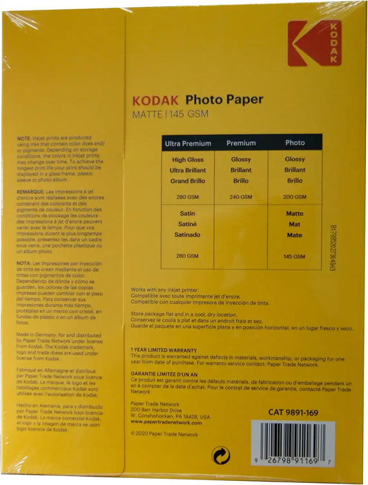 Kodak photo paper 8.5 x 11 matte, 100 count 39 lb - 145 g/m (41164-8318164)