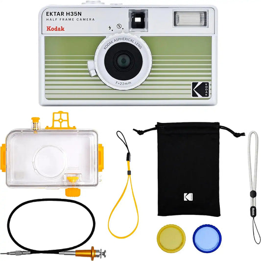 KODAK EKTAR H35N Half Frame Film Camera, 35mm, Reusable, Focus-Free, Bulb Function, Built-in Star Filter, Coated Improved Lens (Film & AAA Battery are not Included) (Striped Green, Premium Kit)