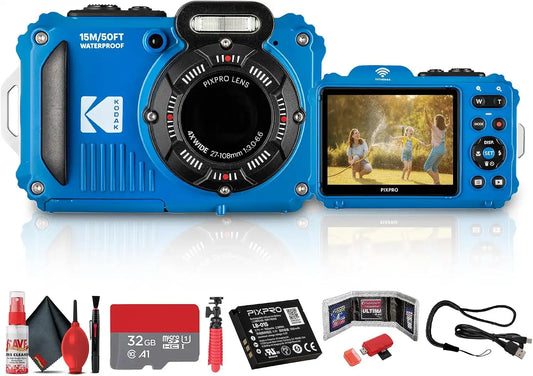 Kodak PIXPRO WPZ2 Digital Camera (Blue) | Waterproof, Shockproof & Dustproof Camera with 16MP Sensor, 1080p Video & 4X Optical Zoom | for Travel & Outdoor use + 32GB Card + Vlogger Tripod + More