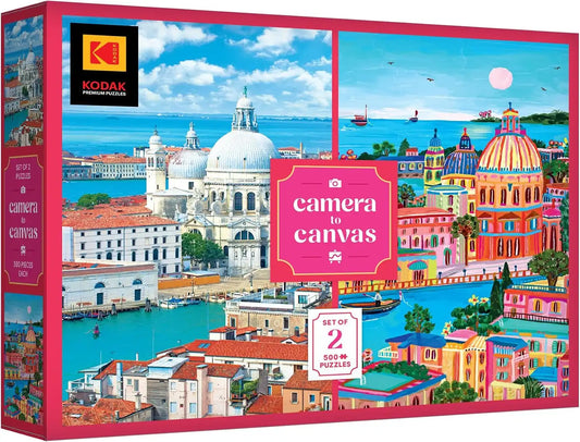RoseArt - Kodak Camera to Canvas - Venice 2-Pack 500 Piece Jigsaw Puzzles for Adults – Photograph & Contemporary Illustrated Version of Basilica di Santa Maria Della Salute