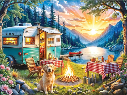 RoseArt Kodak Premium Sunset Camper Golden Retriever 350 Piece Puzzle