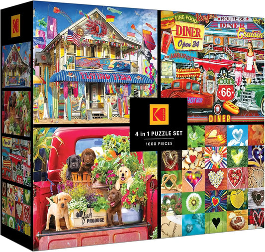 RoseArt - Kodak Premium - 4-in-1 Multipack - 1000 Piece Jigsaw Puzzles (4 Pack) – Stunning Photography Puzzle Collection for Adults – 4 Individual 1000pc Puzzles in One Box