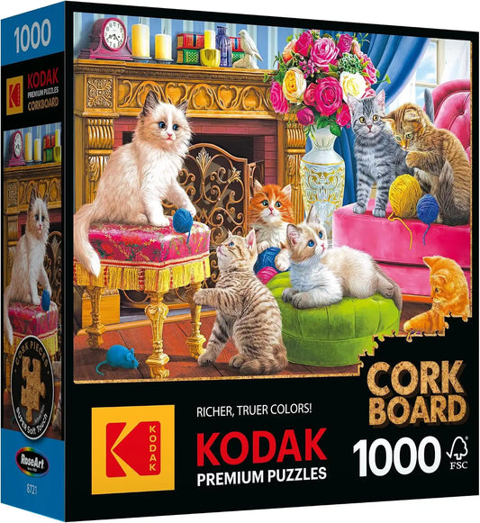 RoseArt - Kodak Premium Cork - Kittens by The Fireplace - 1000 Piece Jigsaw Puzzle for Adults