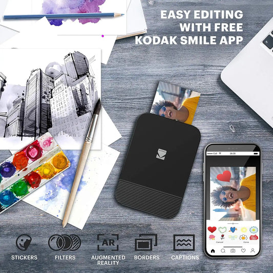 Zink KODAK Smile Instant Digital Bluetooth Printer for iPhone & Android – Edit, Print & Share 2x3 Zink Photos w/ Smile App (Black/ White)